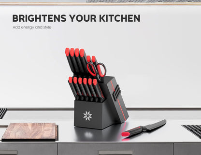 Knife Set - 15 PCS Kitchen Knife Set with Built-in Knife Sharpener Block - Stainless Steel Knife Block Set - Dishwasher Safe, Elegant Box for Men Women, Fathers day