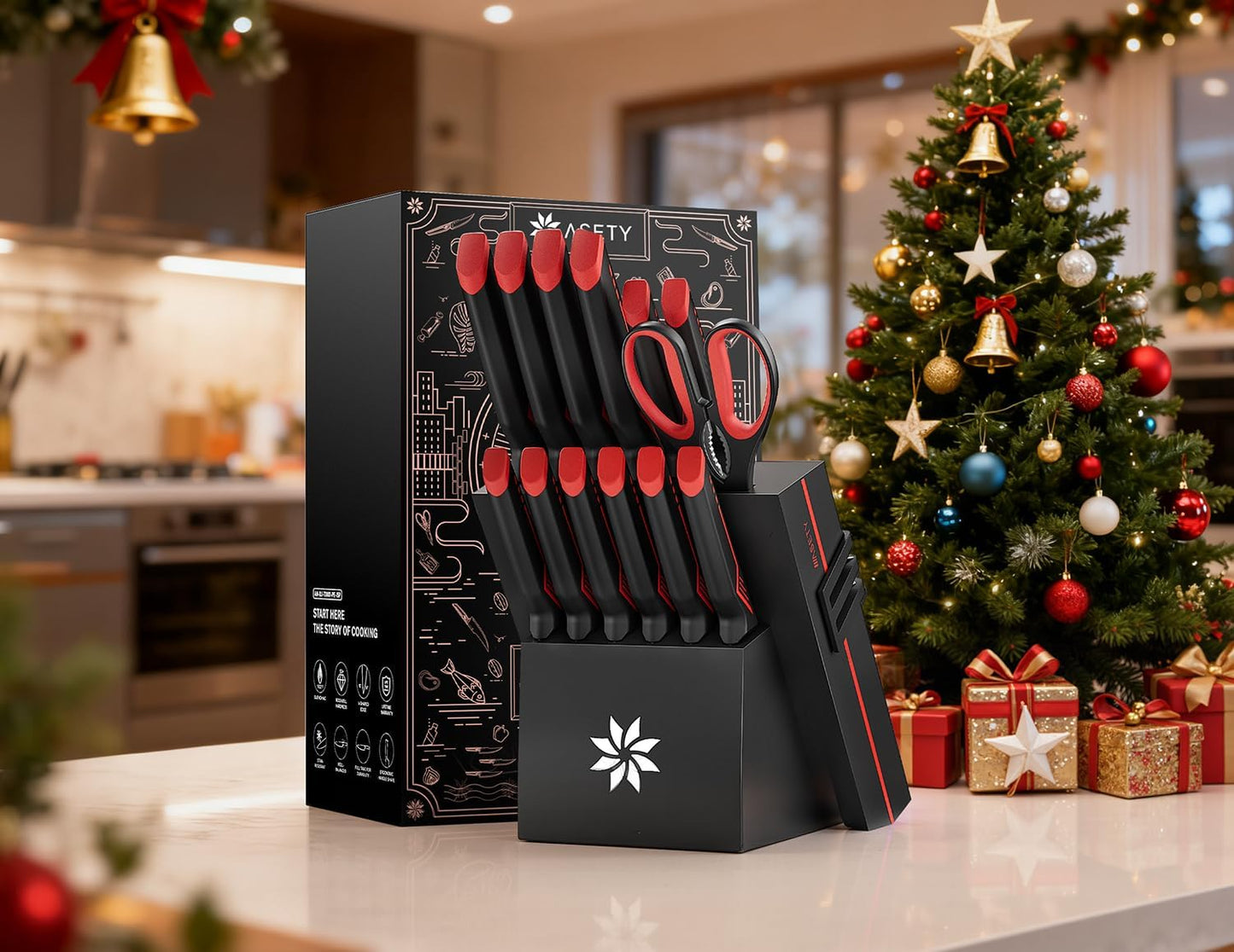 Knife Set - 15 PCS Kitchen Knife Set with Built-in Knife Sharpener Block - Stainless Steel Knife Block Set - Dishwasher Safe, Elegant Box for Men Women, Fathers day