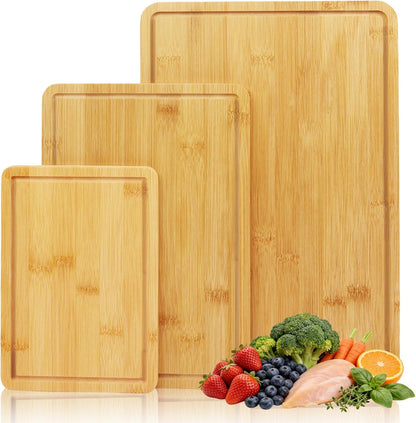Bamboo Cutting Board Set of 3, Cutting Boards for Kitchen with Deep Juice Grooves