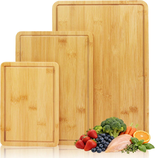 Bamboo Cutting Board Set of 3, Cutting Boards for Kitchen with Deep Juice Grooves