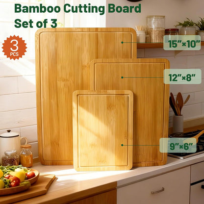 Bamboo Cutting Board Set of 3, Cutting Boards for Kitchen with Deep Juice Grooves