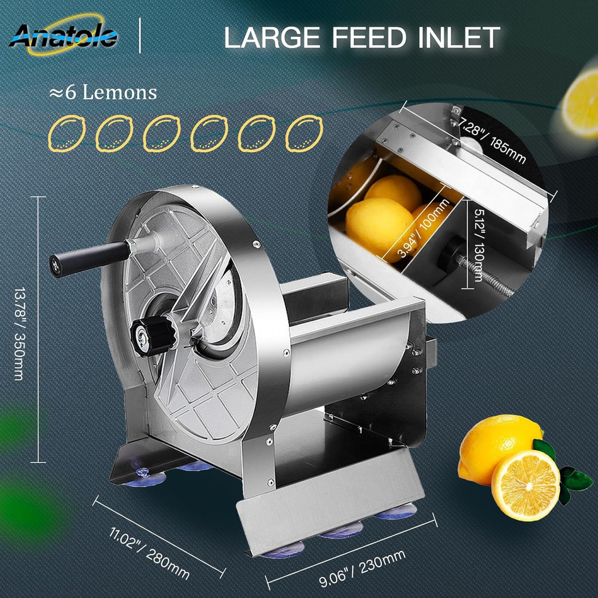 Commercial Vegetable Slicer Manual Fruit Veggie Cutter 0-0.5'' | Stainless Steel, Thickness Adjustable, Large Feed Port, Detachable Push Rod, 6 Suction Cups, for Onion Potato Lime Cabbage