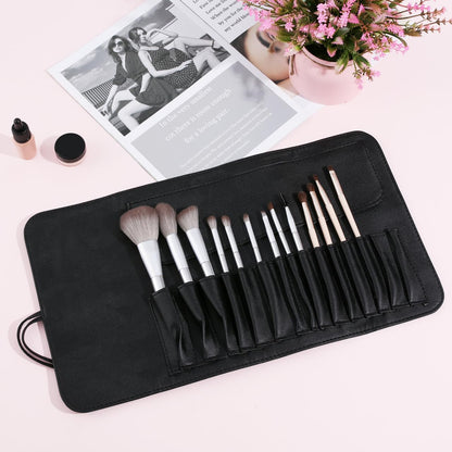 Makeup Brush Case Travel, Makeup Brush Case Roll Up, Brush Holder Organizer Pouch Cosmetic Bag for Travel, Rolling Bag Storage Case PU Leather
