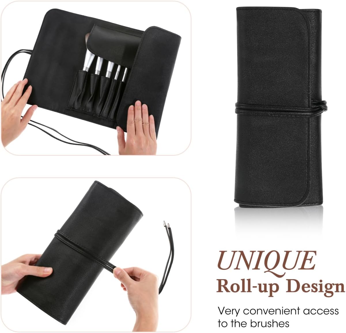 Makeup Brush Case Travel, Makeup Brush Case Roll Up, Brush Holder Organizer Pouch Cosmetic Bag for Travel, Rolling Bag Storage Case PU Leather