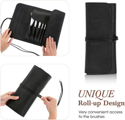 Makeup Brush Case Travel, Makeup Brush Case Roll Up, Brush Holder Organizer Pouch Cosmetic Bag for Travel, Rolling Bag Storage Case PU Leather