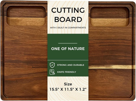 Walnut Cutting Board, Made in USA, FSC-Certified Walnut, Cutting Boards for Kitchen with 3 Built-in Compartments and Juice Grooves, End Grain Cutting Board with Handle, for Meat, Fruit(1.2" Thick)