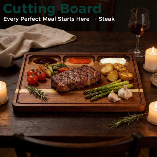 Walnut Cutting Board, Made in USA, FSC-Certified Walnut, Cutting Boards for Kitchen with 3 Built-in Compartments and Juice Grooves, End Grain Cutting Board with Handle, for Meat, Fruit(1.2" Thick)