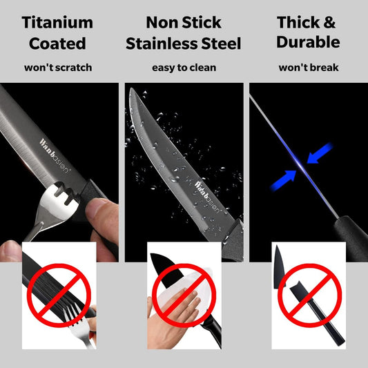 Black Non Serrated Steak Knives Set, Steak Knife Set Dishwasher Safe, Sharp Steak Knives Set for Kitchen with Ergonomic Handles