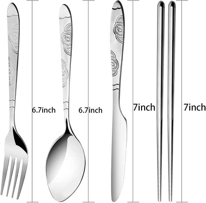 3 Pack Reusable Flatware Sets Knife, Fork, Spoon, Chopsticks, 12Pcs Portable Travel Stainless Steel Tableware Dinnerware with Carrying Case