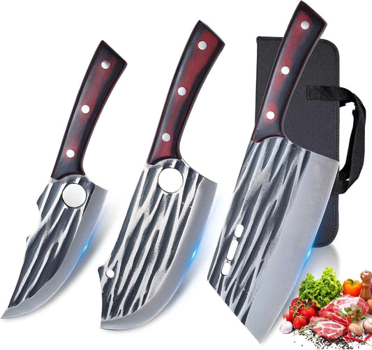 Butcher Knife Set with Bag，Meat Cleaver Full Tang Serbian Chef Knife High Carbon Steel for Meat Cutting Processing,Hand Forged Viking Carving Outdoor BBQ Camping Knife (3)