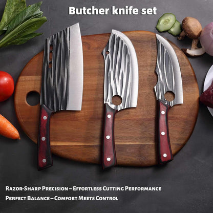 Butcher Knife Set with Bag，Meat Cleaver Full Tang Serbian Chef Knife High Carbon Steel for Meat Cutting Processing,Hand Forged Viking Carving Outdoor BBQ Camping Knife (3)