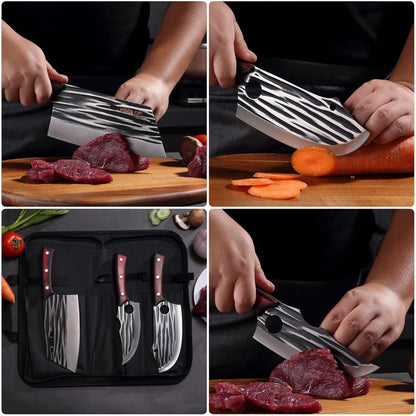 Butcher Knife Set with Bag，Meat Cleaver Full Tang Serbian Chef Knife High Carbon Steel for Meat Cutting Processing,Hand Forged Viking Carving Outdoor BBQ Camping Knife (3)