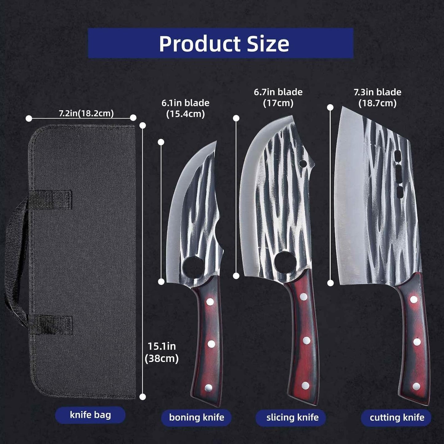 Butcher Knife Set with Bag，Meat Cleaver Full Tang Serbian Chef Knife High Carbon Steel for Meat Cutting Processing,Hand Forged Viking Carving Outdoor BBQ Camping Knife (3)