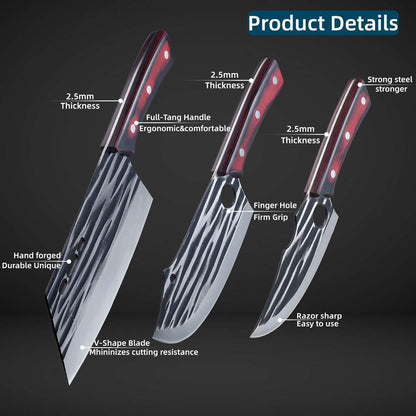 Butcher Knife Set with Bag，Meat Cleaver Full Tang Serbian Chef Knife High Carbon Steel for Meat Cutting Processing,Hand Forged Viking Carving Outdoor BBQ Camping Knife (3)