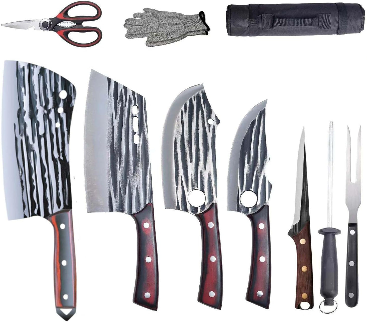 Butcher Knife Set with Bag，Meat Cleaver Full Tang Serbian Chef Knife High Carbon Steel for Meat Cutting Processing,Hand Forged Viking Carving Outdoor BBQ Camping Knife (3)