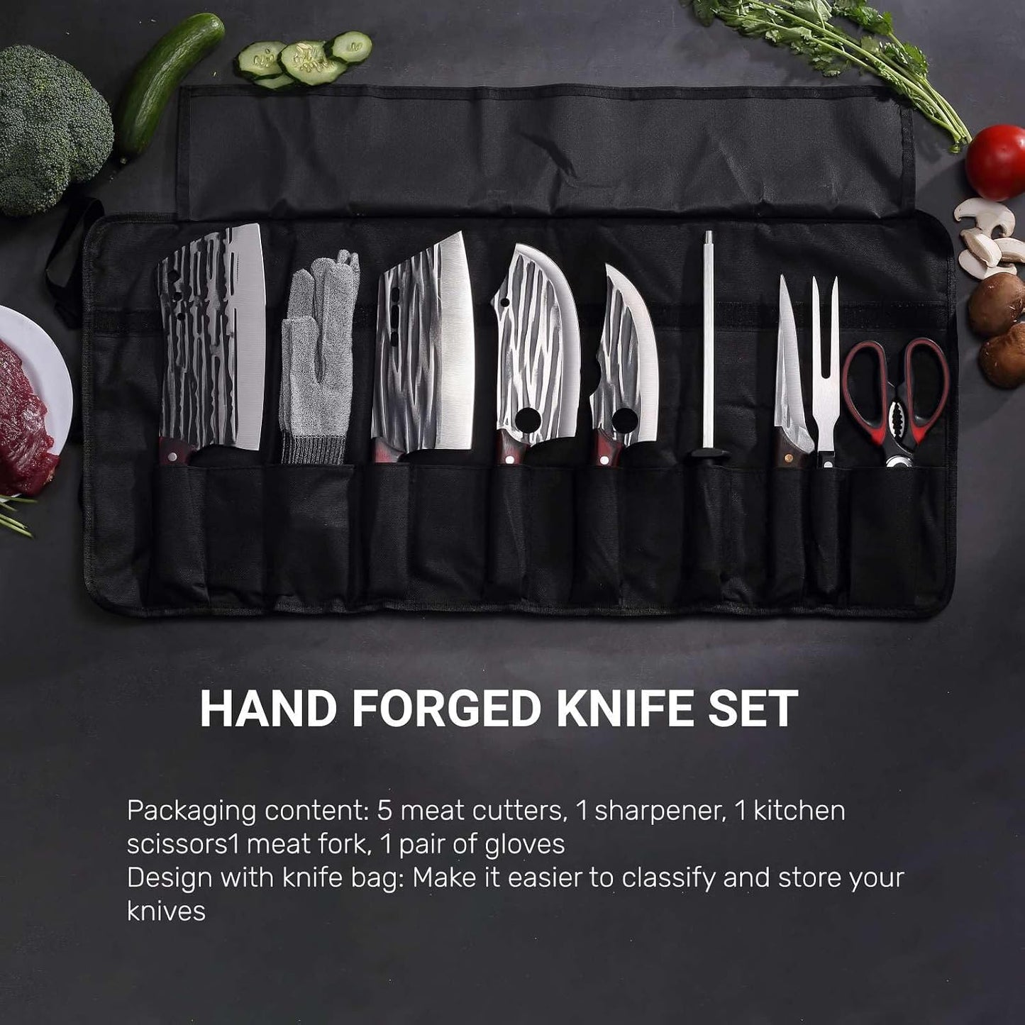 Butcher Knife Set with Bag，Meat Cleaver Full Tang Serbian Chef Knife High Carbon Steel for Meat Cutting Processing,Hand Forged Viking Carving Outdoor BBQ Camping Knife (3)