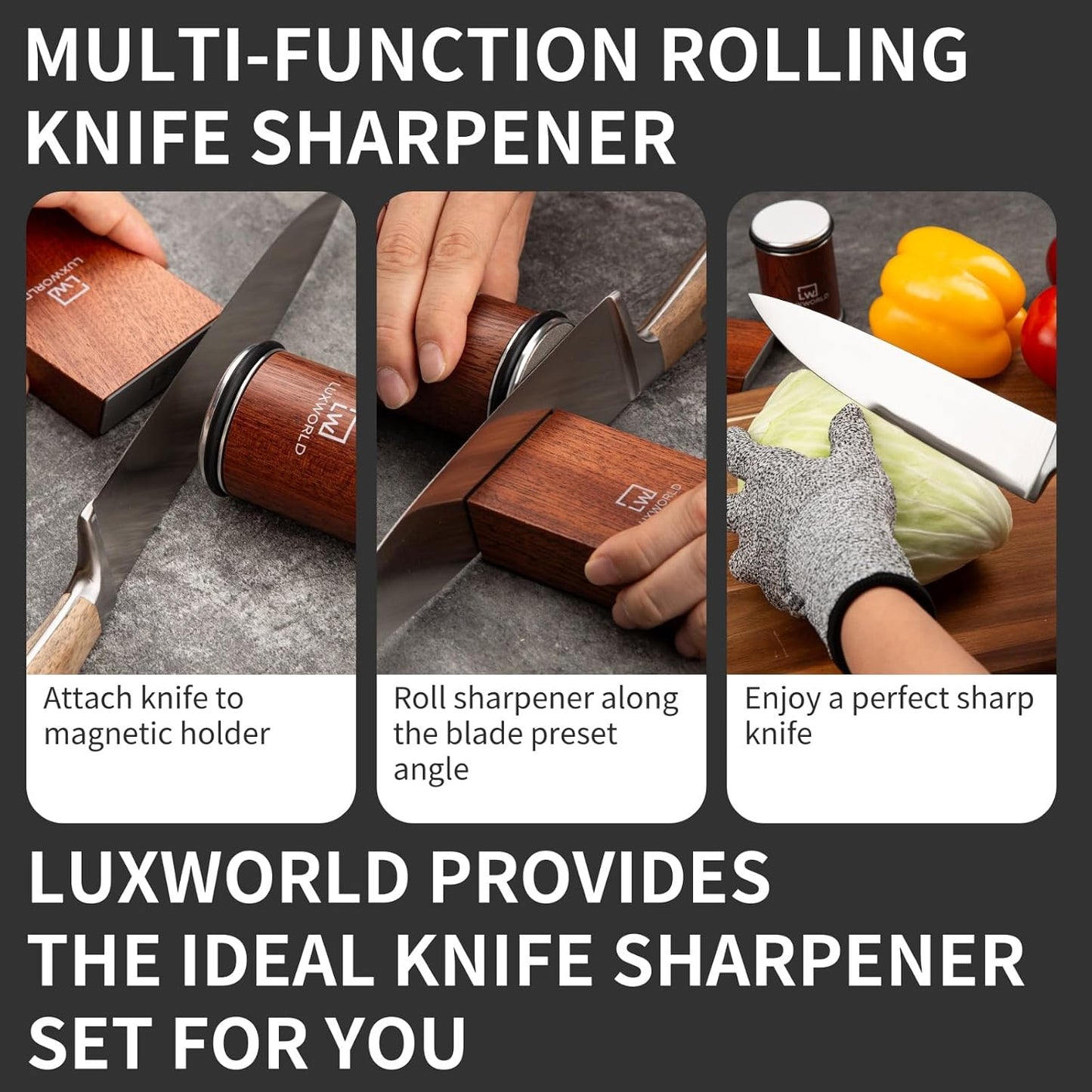 Rolling Knife Sharpener | Kitchen Knife Sharpener for Razor Sharp Edges | Diamond & Ceramic Knife Sharpening Kit for Smooth & Precise Cutting | Magnetic Holder with 15° & 20° Guides