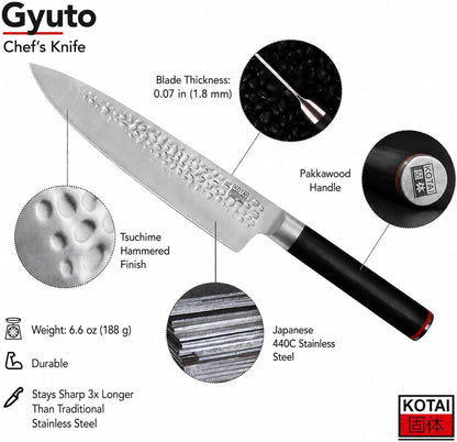 Gyuto 8 inch Chef Kitchen Knife | Ultra Sharp Japanese 440C Stainless Steel | Hammered Tsuchime Finish | Pakkawood Handle | Hidden Full Tang | Pakka Collection Professional Chef Knife