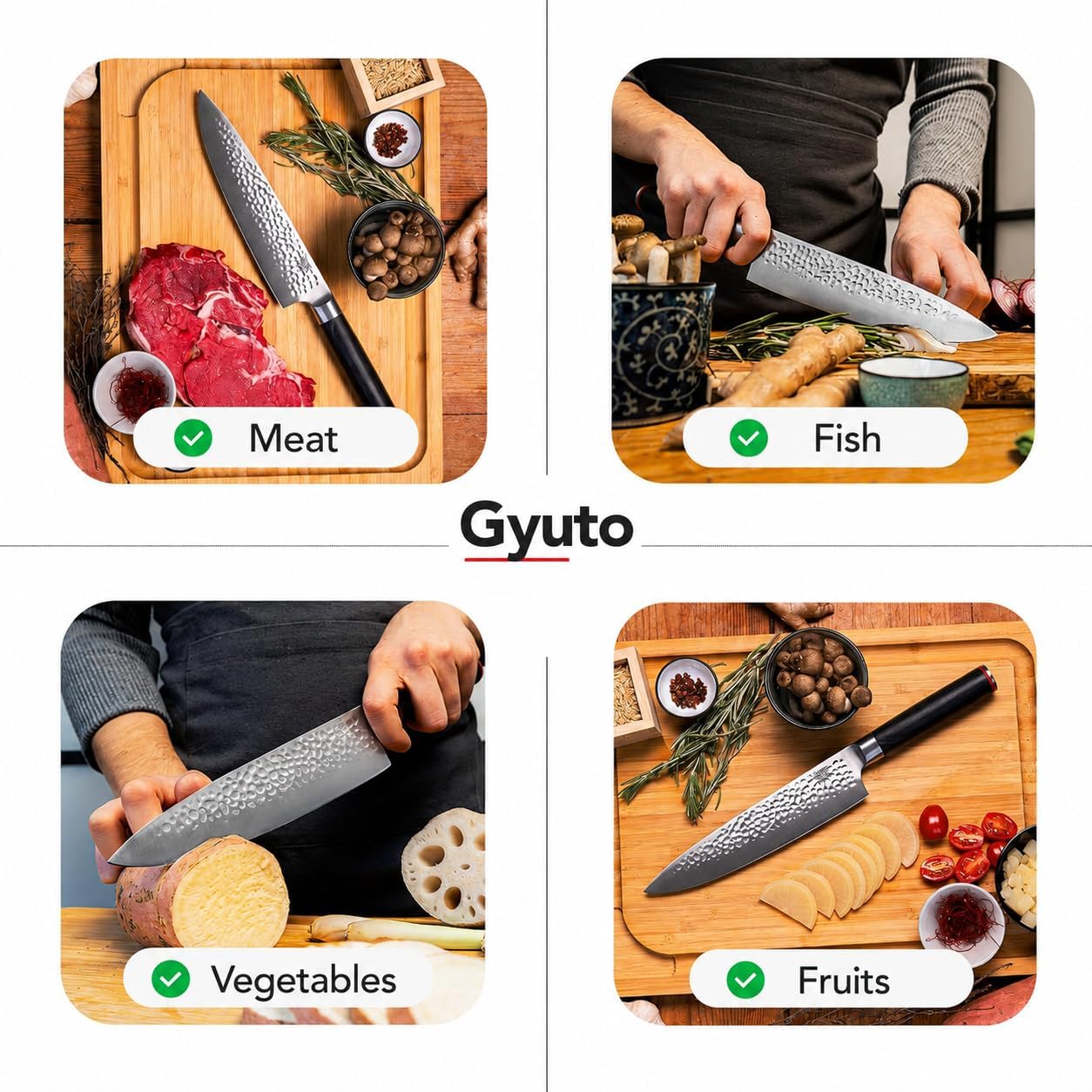 Gyuto 8 inch Chef Kitchen Knife | Ultra Sharp Japanese 440C Stainless Steel | Hammered Tsuchime Finish | Pakkawood Handle | Hidden Full Tang | Pakka Collection Professional Chef Knife