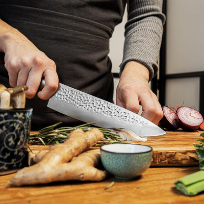 Gyuto 8 inch Chef Kitchen Knife | Ultra Sharp Japanese 440C Stainless Steel | Hammered Tsuchime Finish | Pakkawood Handle | Hidden Full Tang | Pakka Collection Professional Chef Knife