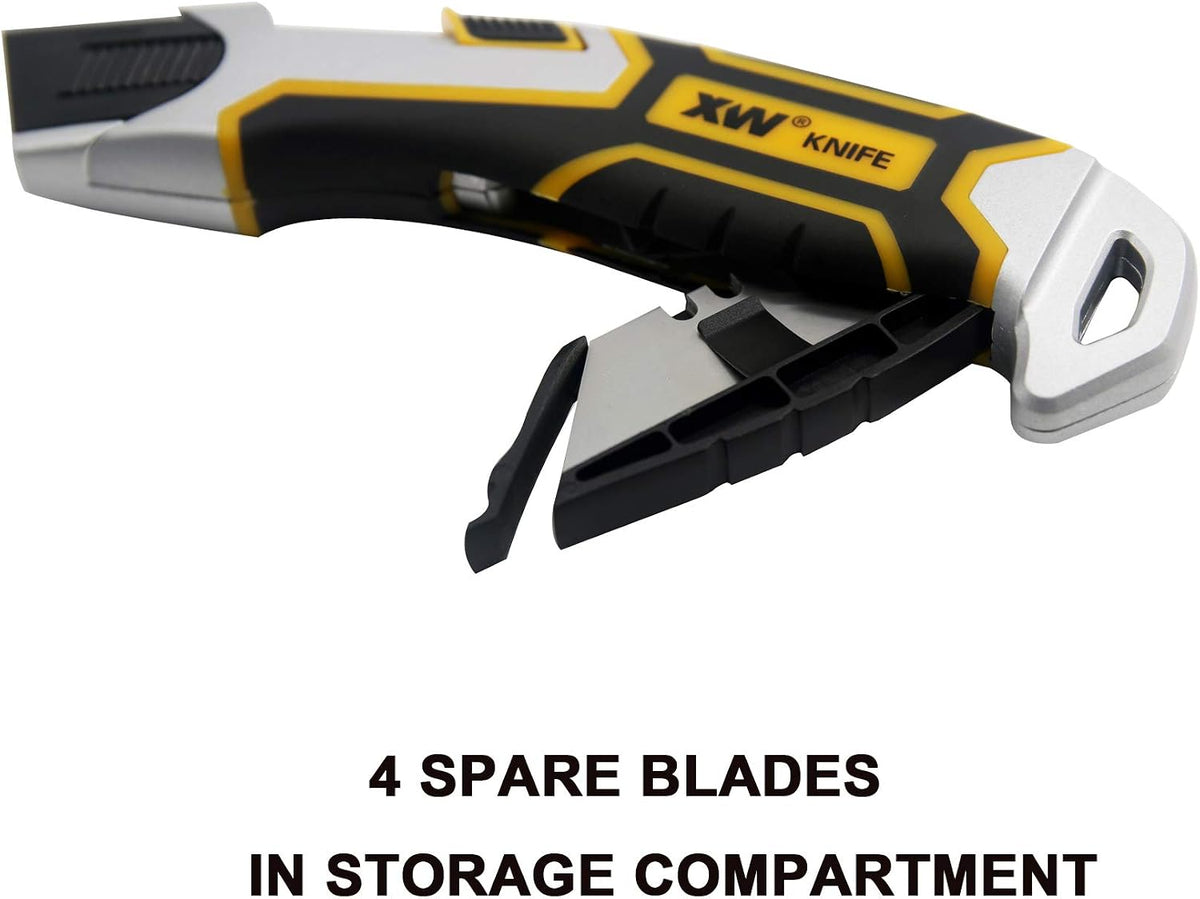 Auto-Retractable Safety Utility Knife, Box Cutter of Quick Blade Change, 4 Spare Blades Storage in Handle