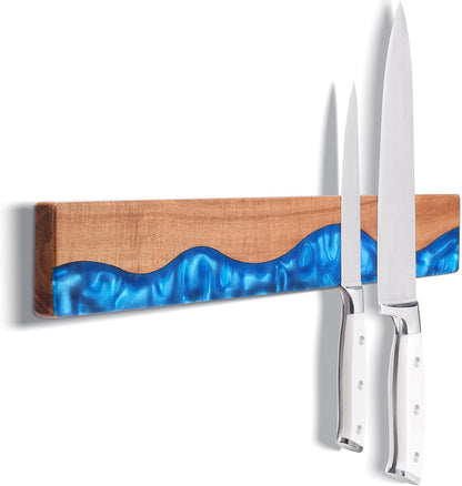 16 Inch Magnetic Knife Holder for Wall, Acacia Wood & Blue Resin Magnetic Knife Strip, Powerful No-Drill Adhesive or Screws Mount, Kitchen Knife Bar Storage Rack ("Ocean" Blue Resin)