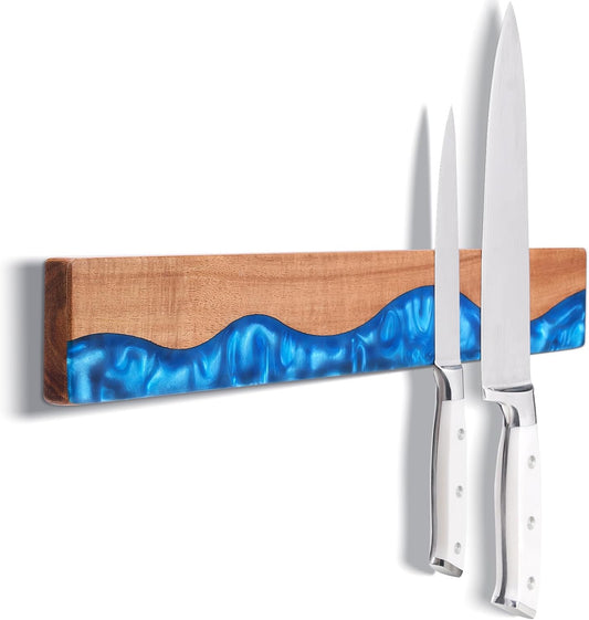 16 Inch Magnetic Knife Holder for Wall, Acacia Wood & Blue Resin Magnetic Knife Strip, Powerful No-Drill Adhesive or Screws Mount, Kitchen Knife Bar Storage Rack ("Ocean" Blue Resin)