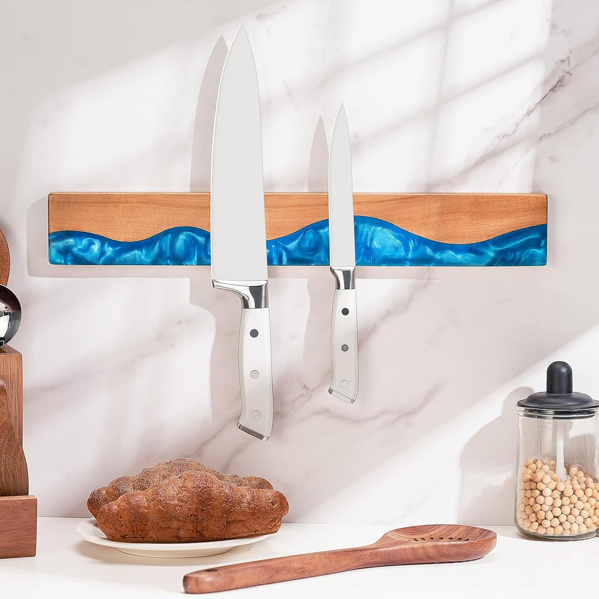 16 Inch Magnetic Knife Holder for Wall, Acacia Wood & Blue Resin Magnetic Knife Strip, Powerful No-Drill Adhesive or Screws Mount, Kitchen Knife Bar Storage Rack ("Ocean" Blue Resin)