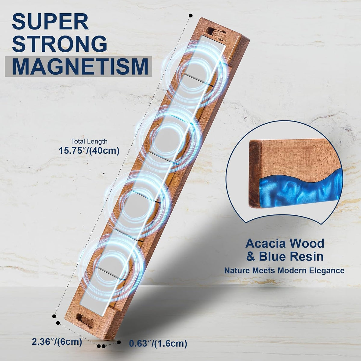 16 Inch Magnetic Knife Holder for Wall, Acacia Wood & Blue Resin Magnetic Knife Strip, Powerful No-Drill Adhesive or Screws Mount, Kitchen Knife Bar Storage Rack ("Ocean" Blue Resin)