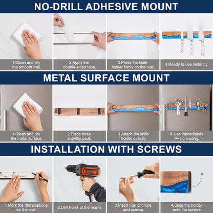 16 Inch Magnetic Knife Holder for Wall, Acacia Wood & Blue Resin Magnetic Knife Strip, Powerful No-Drill Adhesive or Screws Mount, Kitchen Knife Bar Storage Rack ("Ocean" Blue Resin)