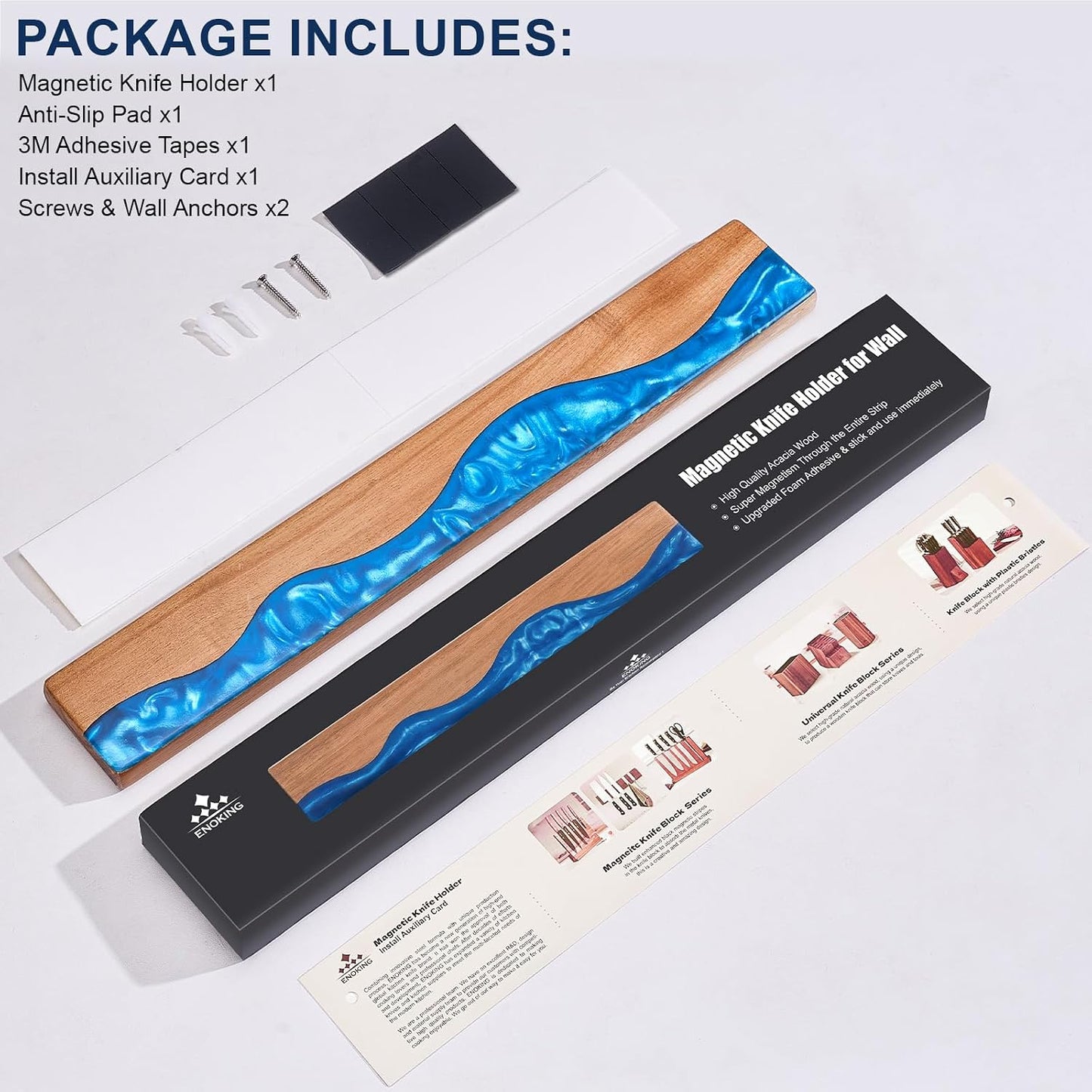 16 Inch Magnetic Knife Holder for Wall, Acacia Wood & Blue Resin Magnetic Knife Strip, Powerful No-Drill Adhesive or Screws Mount, Kitchen Knife Bar Storage Rack ("Ocean" Blue Resin)
