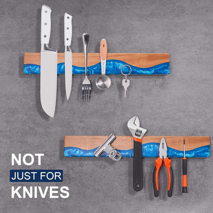 16 Inch Magnetic Knife Holder for Wall, Acacia Wood & Blue Resin Magnetic Knife Strip, Powerful No-Drill Adhesive or Screws Mount, Kitchen Knife Bar Storage Rack ("Ocean" Blue Resin)