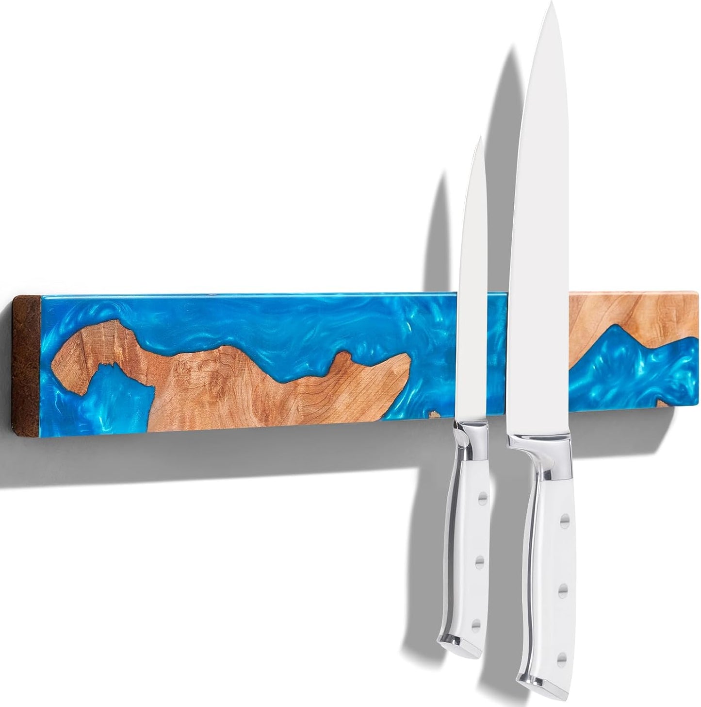 16 Inch Magnetic Knife Holder for Wall, Acacia Wood & Blue Resin Magnetic Knife Strip, Powerful No-Drill Adhesive or Screws Mount, Kitchen Knife Bar Storage Rack ("Ocean" Blue Resin)