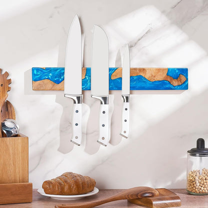 16 Inch Magnetic Knife Holder for Wall, Acacia Wood & Blue Resin Magnetic Knife Strip, Powerful No-Drill Adhesive or Screws Mount, Kitchen Knife Bar Storage Rack ("Ocean" Blue Resin)