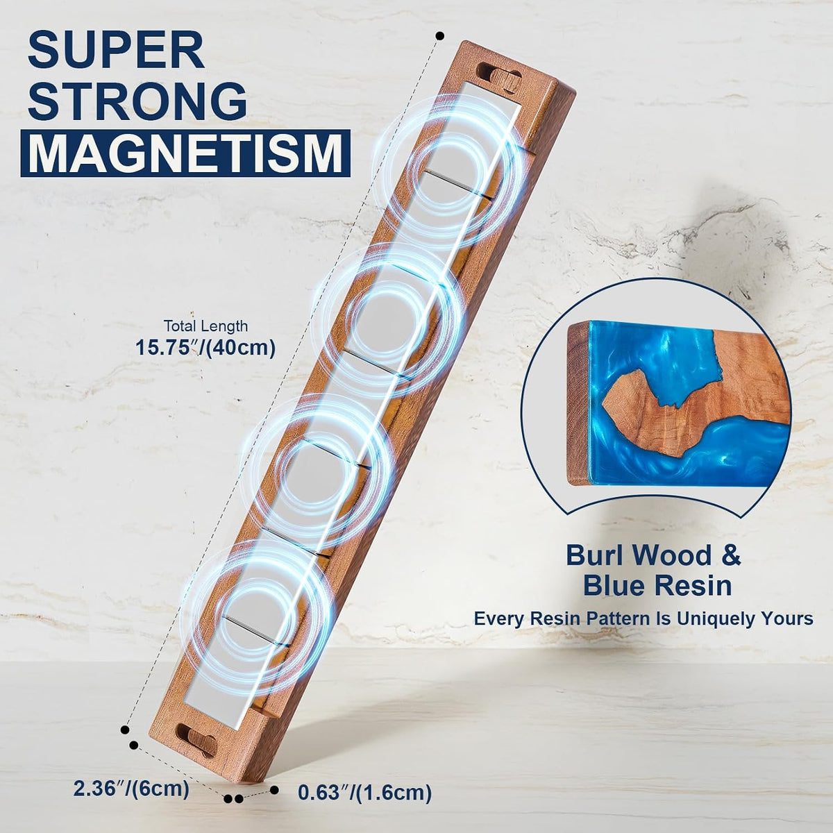 16 Inch Magnetic Knife Holder for Wall, Acacia Wood & Blue Resin Magnetic Knife Strip, Powerful No-Drill Adhesive or Screws Mount, Kitchen Knife Bar Storage Rack ("Ocean" Blue Resin)