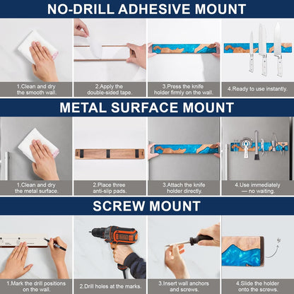 16 Inch Magnetic Knife Holder for Wall, Acacia Wood & Blue Resin Magnetic Knife Strip, Powerful No-Drill Adhesive or Screws Mount, Kitchen Knife Bar Storage Rack ("Ocean" Blue Resin)