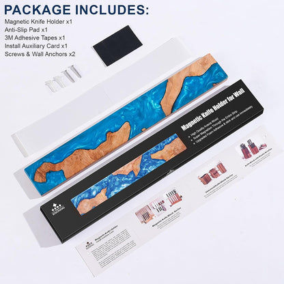 16 Inch Magnetic Knife Holder for Wall, Acacia Wood & Blue Resin Magnetic Knife Strip, Powerful No-Drill Adhesive or Screws Mount, Kitchen Knife Bar Storage Rack ("Ocean" Blue Resin)