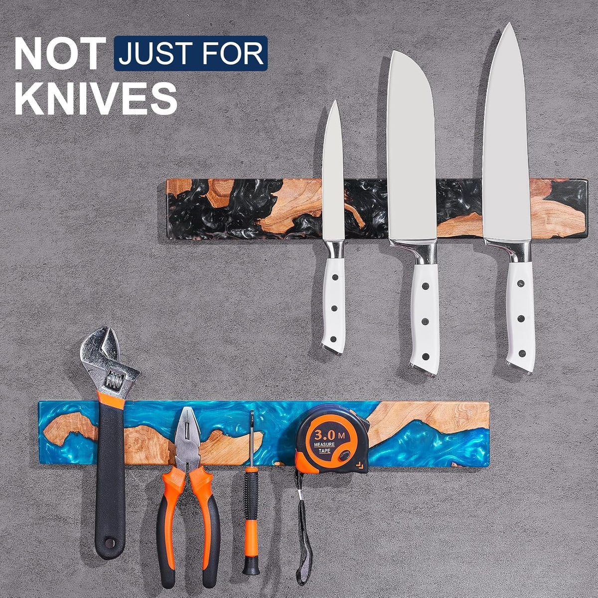 16 Inch Magnetic Knife Holder for Wall, Acacia Wood & Blue Resin Magnetic Knife Strip, Powerful No-Drill Adhesive or Screws Mount, Kitchen Knife Bar Storage Rack ("Ocean" Blue Resin)