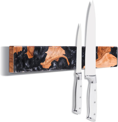 16 Inch Magnetic Knife Holder for Wall, Acacia Wood & Blue Resin Magnetic Knife Strip, Powerful No-Drill Adhesive or Screws Mount, Kitchen Knife Bar Storage Rack ("Ocean" Blue Resin)