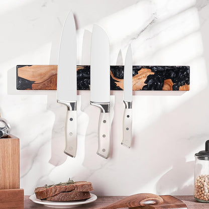 16 Inch Magnetic Knife Holder for Wall, Acacia Wood & Blue Resin Magnetic Knife Strip, Powerful No-Drill Adhesive or Screws Mount, Kitchen Knife Bar Storage Rack ("Ocean" Blue Resin)