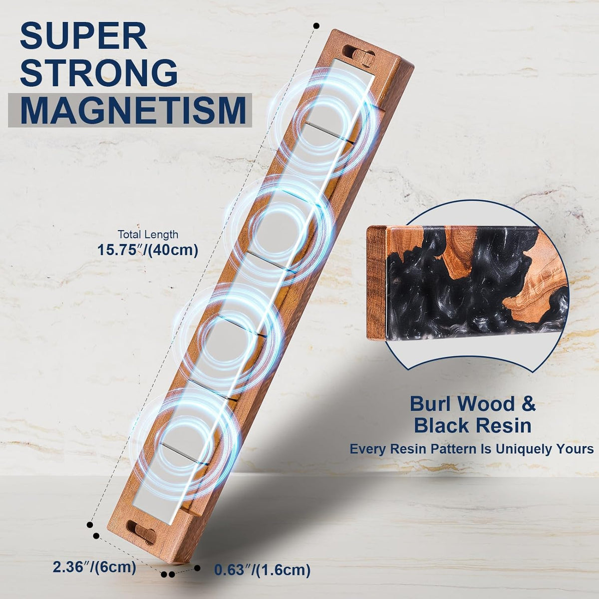 16 Inch Magnetic Knife Holder for Wall, Acacia Wood & Blue Resin Magnetic Knife Strip, Powerful No-Drill Adhesive or Screws Mount, Kitchen Knife Bar Storage Rack ("Ocean" Blue Resin)