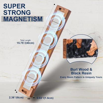 16 Inch Magnetic Knife Holder for Wall, Acacia Wood & Blue Resin Magnetic Knife Strip, Powerful No-Drill Adhesive or Screws Mount, Kitchen Knife Bar Storage Rack ("Ocean" Blue Resin)