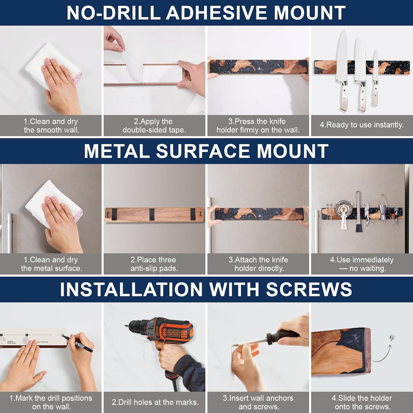 16 Inch Magnetic Knife Holder for Wall, Acacia Wood & Blue Resin Magnetic Knife Strip, Powerful No-Drill Adhesive or Screws Mount, Kitchen Knife Bar Storage Rack ("Ocean" Blue Resin)