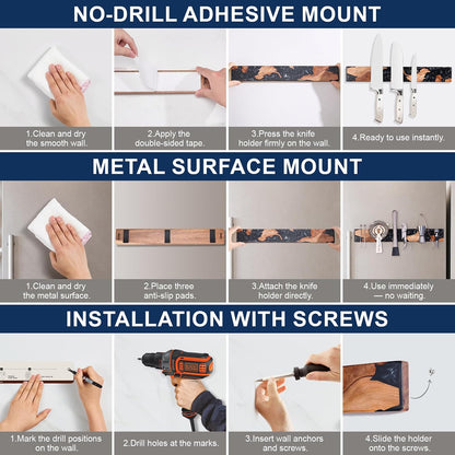 16 Inch Magnetic Knife Holder for Wall, Acacia Wood & Blue Resin Magnetic Knife Strip, Powerful No-Drill Adhesive or Screws Mount, Kitchen Knife Bar Storage Rack ("Ocean" Blue Resin)