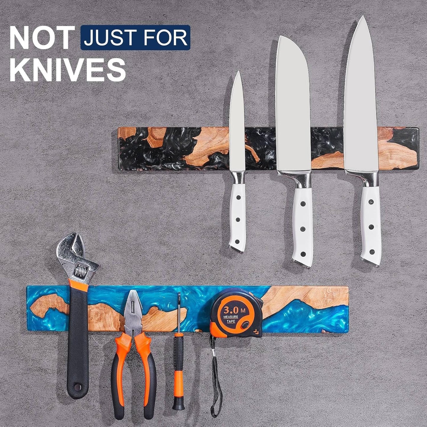 16 Inch Magnetic Knife Holder for Wall, Acacia Wood & Blue Resin Magnetic Knife Strip, Powerful No-Drill Adhesive or Screws Mount, Kitchen Knife Bar Storage Rack ("Ocean" Blue Resin)