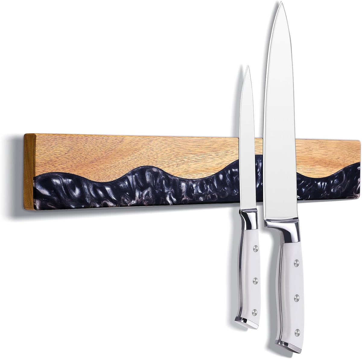 16 Inch Magnetic Knife Holder for Wall, Acacia Wood & Blue Resin Magnetic Knife Strip, Powerful No-Drill Adhesive or Screws Mount, Kitchen Knife Bar Storage Rack ("Ocean" Blue Resin)