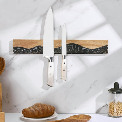 16 Inch Magnetic Knife Holder for Wall, Acacia Wood & Blue Resin Magnetic Knife Strip, Powerful No-Drill Adhesive or Screws Mount, Kitchen Knife Bar Storage Rack ("Ocean" Blue Resin)