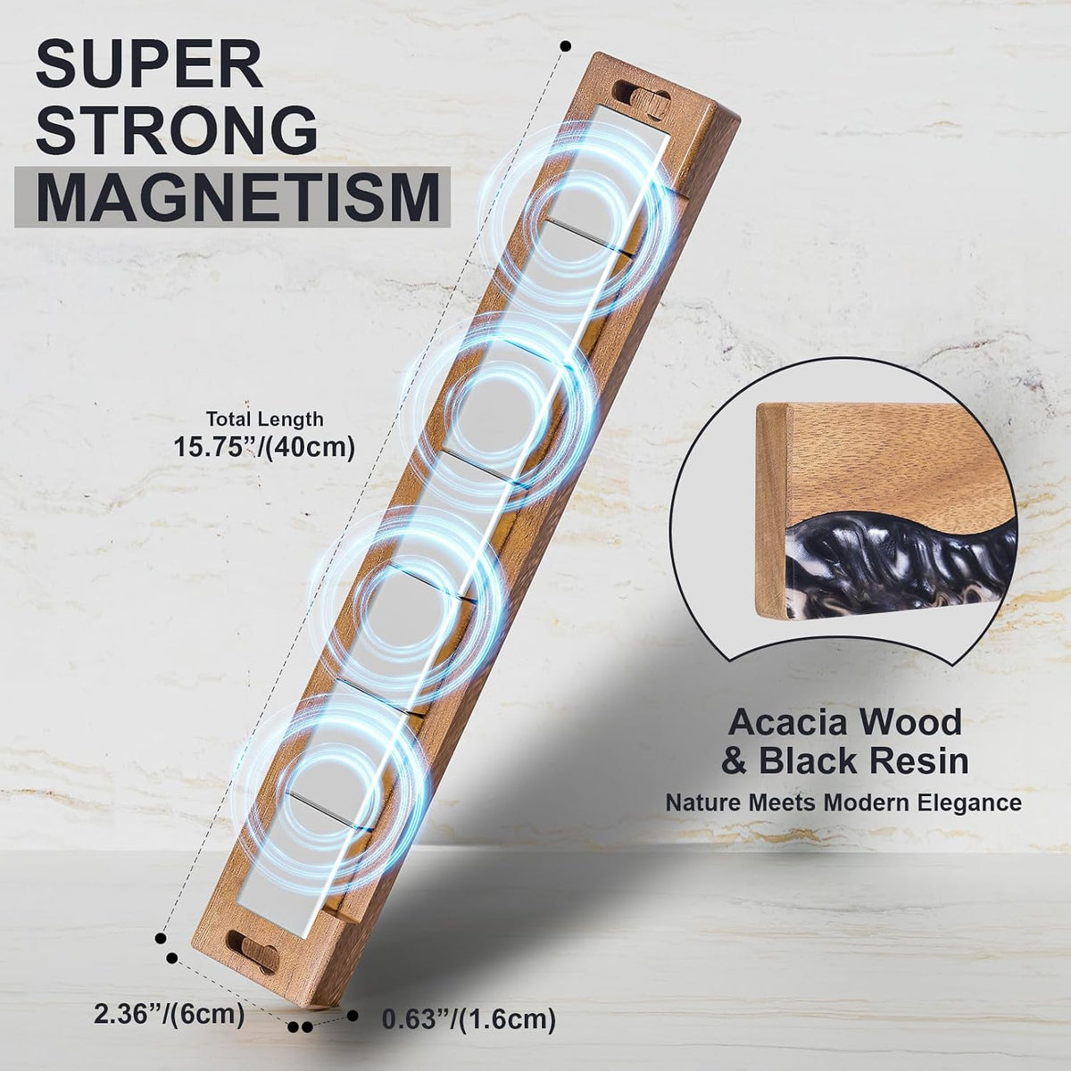 16 Inch Magnetic Knife Holder for Wall, Acacia Wood & Blue Resin Magnetic Knife Strip, Powerful No-Drill Adhesive or Screws Mount, Kitchen Knife Bar Storage Rack ("Ocean" Blue Resin)