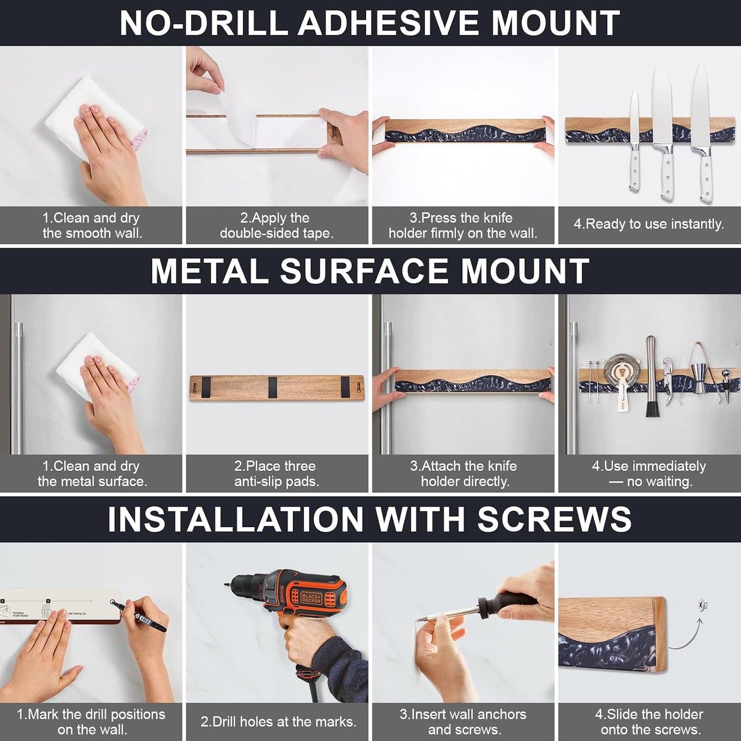 16 Inch Magnetic Knife Holder for Wall, Acacia Wood & Blue Resin Magnetic Knife Strip, Powerful No-Drill Adhesive or Screws Mount, Kitchen Knife Bar Storage Rack ("Ocean" Blue Resin)