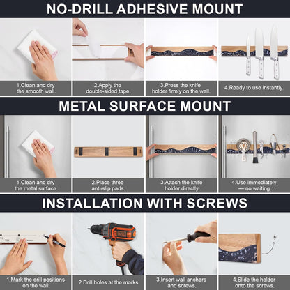 16 Inch Magnetic Knife Holder for Wall, Acacia Wood & Blue Resin Magnetic Knife Strip, Powerful No-Drill Adhesive or Screws Mount, Kitchen Knife Bar Storage Rack ("Ocean" Blue Resin)